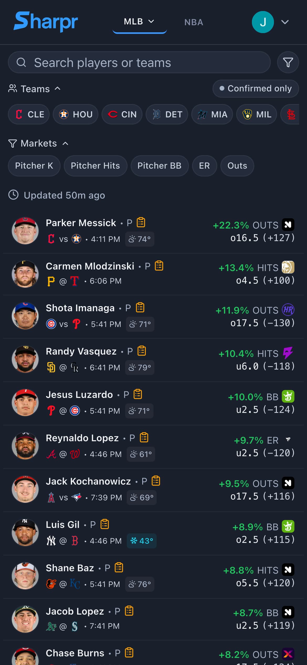 Sharpr mobile odds view showing player props with live EV badges