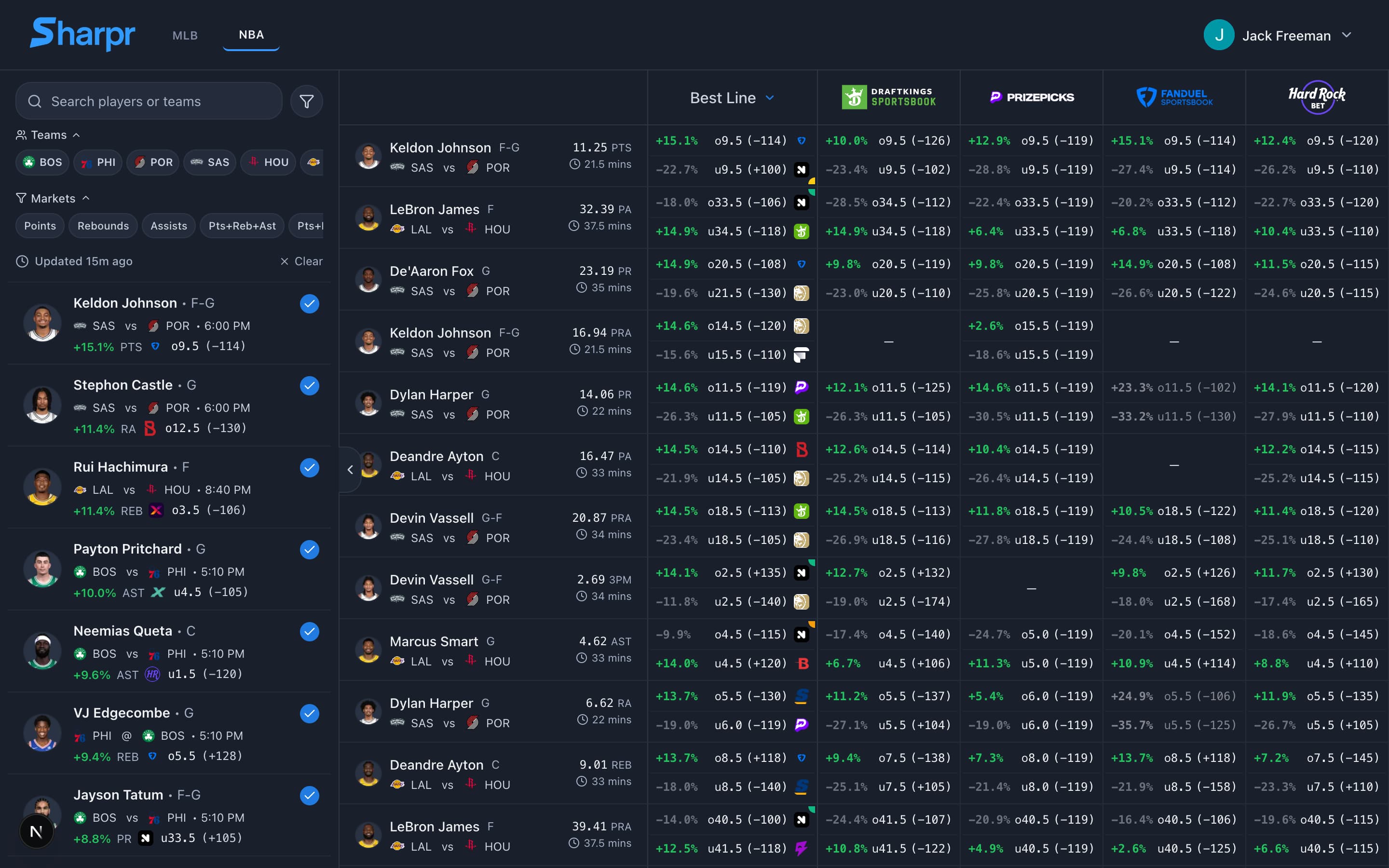 Sharpr odds comparison screen showing player props with EV calculations across sportsbooks